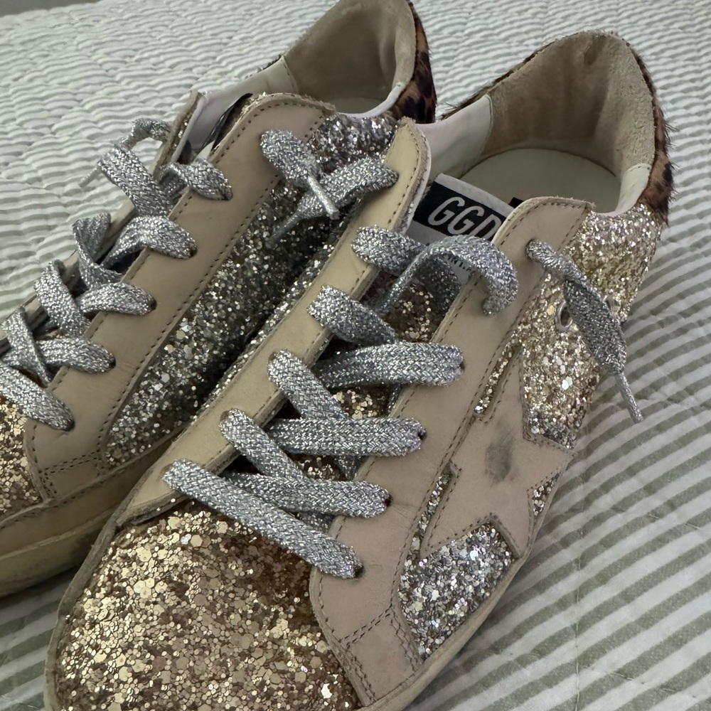 Golden Goose Gold and Silver Glitter Sneakers